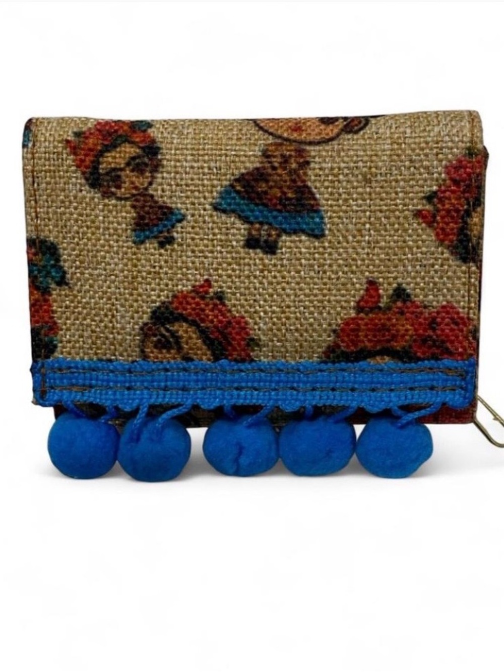 Frida Kahlo Blue Trim Trifold Coin Card Purse Wallet Mirror Pom Poms